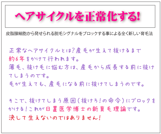 薬用ヒビンそこで皮脂腺細胞から発せられる脱毛シグナルをブロックする事による全く新しい、育毛方がここにあるのです！　正常なヘアサイクルとは？産毛が生えて抜けるまで約6年をかけて行われます。そこで、抜けてしまう原因（抜けろ！の命令）にブロックをかける！これが日置医学博士の新育毛理論です。