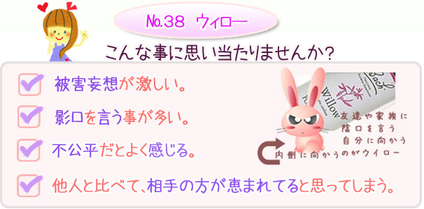 バッチフラワーレメディ　こんな事に思い当たりませんか？・被害妄想が激しい・他人と比べて、相手の方が恵まれてると思ってしまう・影口を言う事が多い・色々な事に対して不公平だとよく感じる