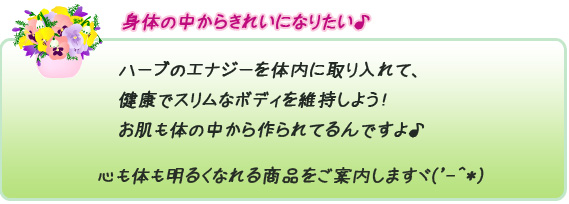 ハーブのエナジーを体内に取り入れて健康でスリムなボディを維持しよう！お肌も体の中から作られているんですよ　心も体も明るくなれる商品をご案内しますヾ('-^*) 